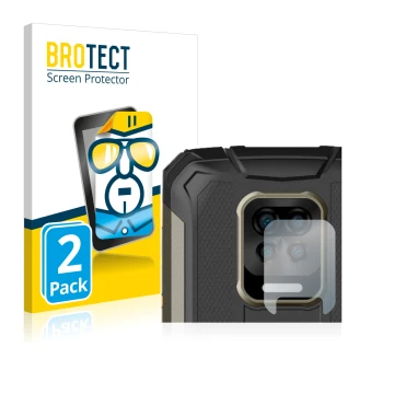 Front side of a product packaging with the brand logo BROTECT. Next to it is the device Doogee S59 Pro (ONLY Camera Lens) show