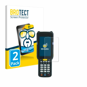 Front side of a product packaging with the brand logo BROTECT. Next to it is the device Zebra MC3300X shown with the correspon