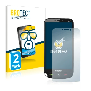 Front side of a product packaging with the brand logo BROTECT. Next to it is the device Brondi Amico Dual Sim shown with the c