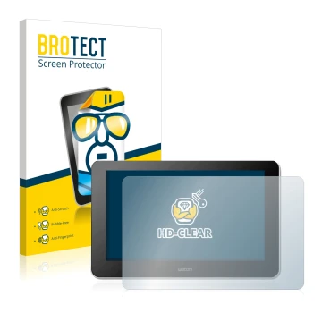 Front side of a product packaging with the brand logo BROTECT. Next to it is the device Wacom One Creative Pen Display shown w