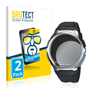 Front side of a product packaging with the brand logo BROTECT. Next to it is the device Casio Wave Ceptor WV-58 shown with the