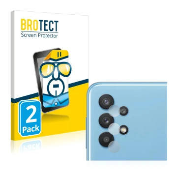 Front side of a product packaging with the brand logo BROTECT. Next to it is the device Samsung Galaxy A32 5G (ONLY Camera Len