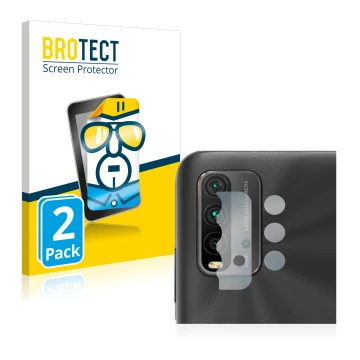 Front side of a product packaging with the brand logo BROTECT. Next to it is the device Xiaomi Redmi 9T (ONLY Camera Lens) sho
