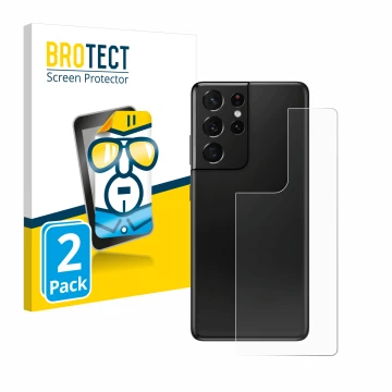 Front side of a product packaging with the brand logo BROTECT. Next to it is the device Samsung Galaxy S21 Ultra 5G (Back) sho