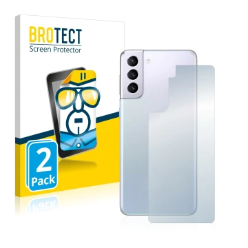 Front side of a product packaging with the brand logo BROTECT. Next to it is the device Samsung Galaxy S21 Plus 5G (Back) show