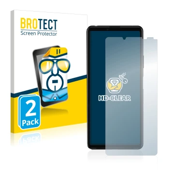 Front side of a product packaging with the brand logo BROTECT. Next to it is the device Sony Xperia 10 III shown with the corr