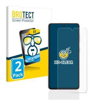 Front side of a product packaging with the brand logo BROTECT. Next to it is the device Samsung Galaxy S21 shown with the corr