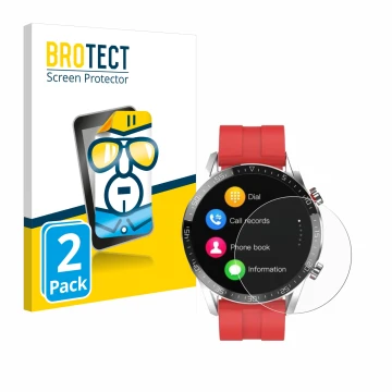 Front side of a product packaging with the brand logo BROTECT. Next to it is the device Gentleman Smartwatch shown with the co