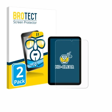 Front side of a product packaging with the brand logo BROTECT. Next to it is the device Apple iPad Mini 6 WiFi 2021 shown with