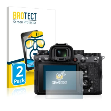 Front side of a product packaging with the brand logo BROTECT. Next to it is the device Sony Alpha 1 shown with the correspond