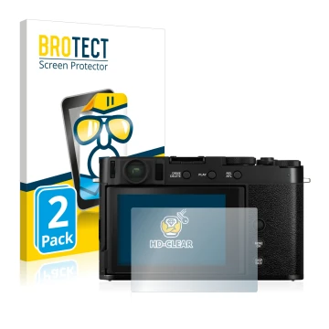Front side of a product packaging with the brand logo BROTECT. Next to it is the device Fujifilm X-E4 shown with the correspon