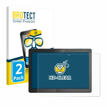 Front side of a product packaging with the brand logo BROTECT. Next to it is the device Lenovo Tab M10 TB-X505F shown with the