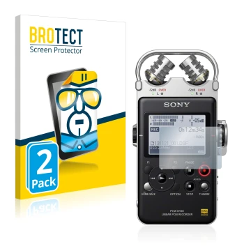 Front side of a product packaging with the brand logo BROTECT. Next to it is the device Sony PCM D100 shown with the correspon