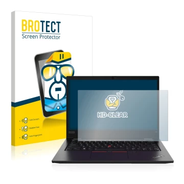Front side of a product packaging with the brand logo BROTECT. Next to it is the device Lenovo ThinkPad L13 Gen 2 shown with t