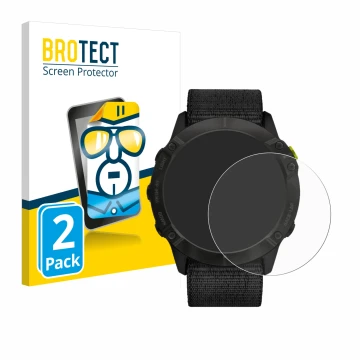 Front side of a product packaging with the brand logo BROTECT. Next to it is the device Garmin Enduro shown with the correspon
