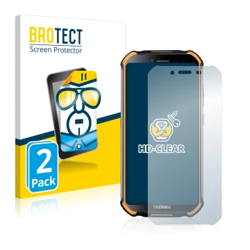Front side of a product packaging with the brand logo BROTECT. Next to it is the device Doogee S40 Pro shown with the correspo