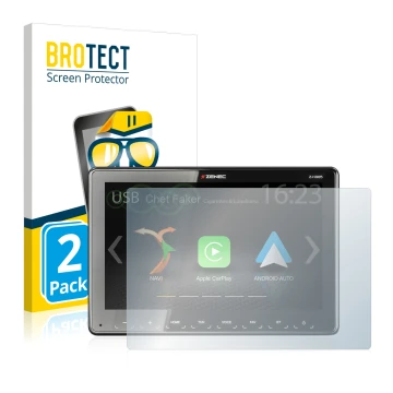 Front side of a product packaging with the brand logo BROTECT. Next to it is the device Zenec Z-N965 shown with the correspond