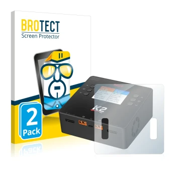 Front side of a product packaging with the brand logo BROTECT. Next to it is the device ISDT Smart Duo Charger K2 shown with t