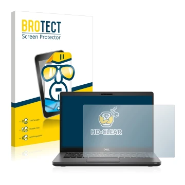 Front side of a product packaging with the brand logo BROTECT. Next to it is the device Dell Latitude 5410 shown with the corr