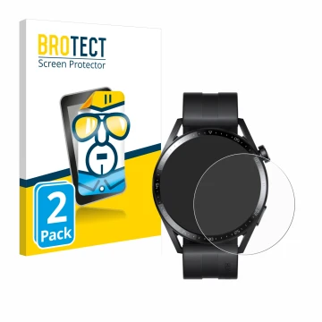 Front side of a product packaging with the brand logo BROTECT. Next to it is the device Huawei Watch GT 3 (46 mm) shown with t