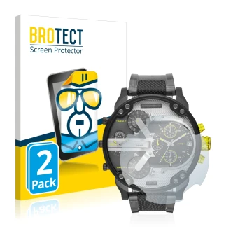 Front side of a product packaging with the brand logo BROTECT. Next to it is the device Diesel DZ7422 Mr. Daddy 2.0 shown with