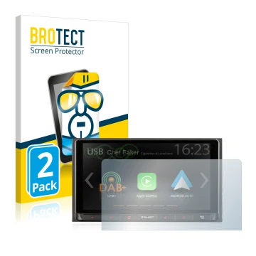 Front side of a product packaging with the brand logo BROTECT. Next to it is the device Zenec Z-N528 shown with the correspond