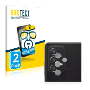 Front side of a product packaging with the brand logo BROTECT. Next to it is the device Samsung Galaxy A52 (ONLY Camera Lens) 