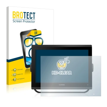 Front side of a product packaging with the brand logo BROTECT. Next to it is the device Garmin GPSMAP 1223 shown with the corr