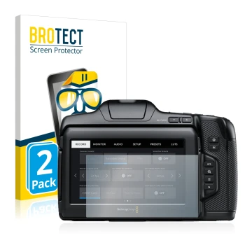 Front side of a product packaging with the brand logo BROTECT. Next to it is the device Blackmagic Pocket Cinema Camera 6K Pro