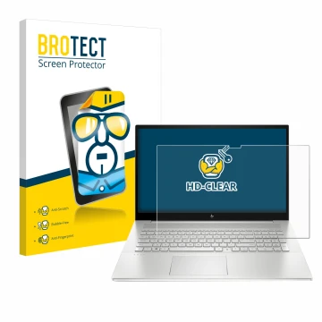 Front side of a product packaging with the brand logo BROTECT. Next to it is the device HP Envy 17-cX shown with the correspon