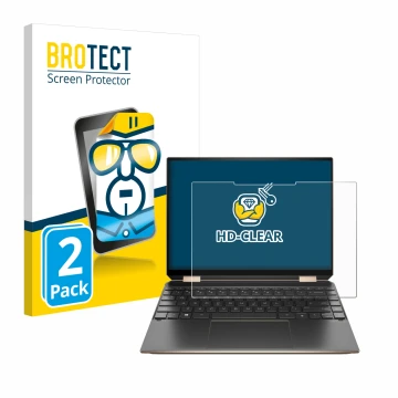Front side of a product packaging with the brand logo BROTECT. Next to it is the device HP Spectre x360 (14-eX) 2021 shown wit