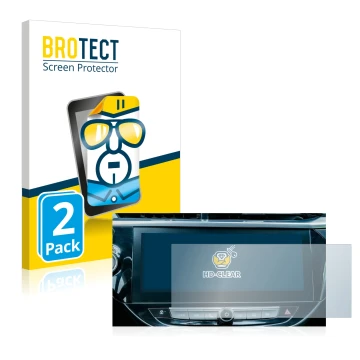 Front side of a product packaging with the brand logo BROTECT. Next to it is the device Opel Corsa-e 2020 Infotainment System 