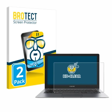 Front side of a product packaging with the brand logo BROTECT. Next to it is the device Chuwi HeroBook Pro Plus shown with the