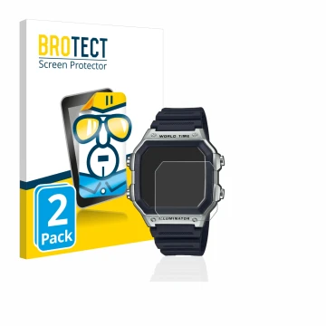 Front side of a product packaging with the brand logo BROTECT. Next to it is the device Casio AE-1200WH shown with the corresp