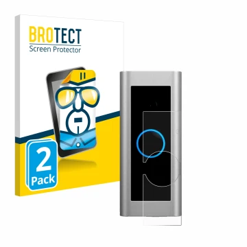 Front side of a product packaging with the brand logo BROTECT. Next to it is the device Ring Video Doorbell Pro 2 shown with t