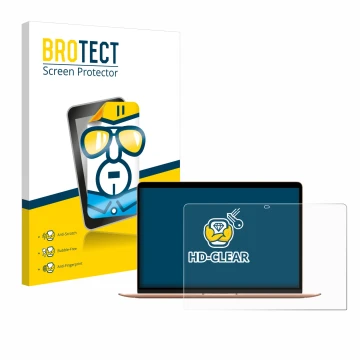 Front side of a product packaging with the brand logo BROTECT. Next to it is the device Apple MacBook Air M1 2020 shown with t