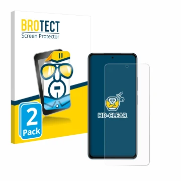 Front side of a product packaging with the brand logo BROTECT. Next to it is the device Xiaomi Poco F3 shown with the correspo