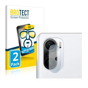 Front side of a product packaging with the brand logo BROTECT. Next to it is the device Xiaomi Poco F3 (ONLY Camera Lens) show
