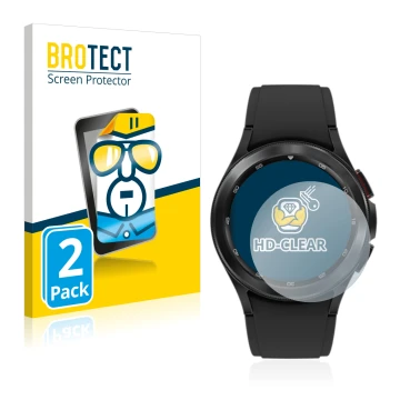Front side of a product packaging with the brand logo BROTECT. Next to it is the device Samsung Galaxy Watch 4 Classic (42mm) 