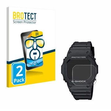 Front side of a product packaging with the brand logo BROTECT. Next to it is the device Casio G-Shock GW-M5610-1ER shown with 