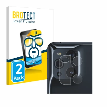 Front side of a product packaging with the brand logo BROTECT. Next to it is the device Oppo Find X3 Pro (ONLY Camera Lens) sh