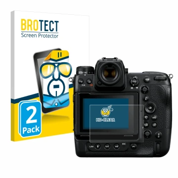 Front side of a product packaging with the brand logo BROTECT. Next to it is the device Nikon Z 9 shown with the corresponding