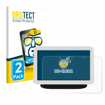 Front side of a product packaging with the brand logo BROTECT. Next to it is the device Google Nest Hub 2 shown with the corre