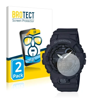 Front side of a product packaging with the brand logo BROTECT. Next to it is the device Casio G-Shock GBA800 shown with the co