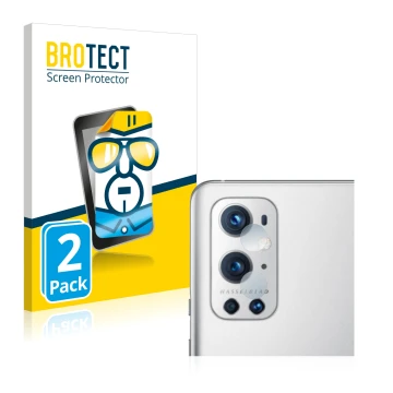 Front side of a product packaging with the brand logo BROTECT. Next to it is the device OnePlus 9 Pro (ONLY Camera Lens) shown