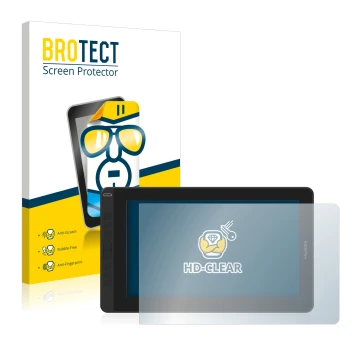 Front side of a product packaging with the brand logo BROTECT. Next to it is the device Huion Kamvas 13 shown with the corresp