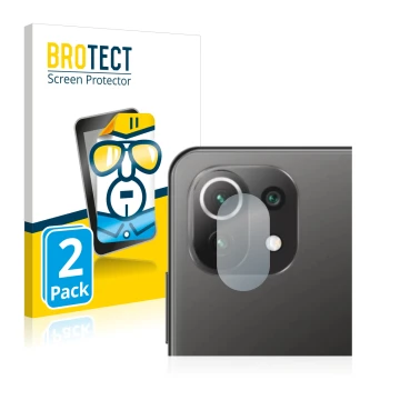 Front side of a product packaging with the brand logo BROTECT. Next to it is the device Xiaomi Mi 11 Lite 5G (ONLY Camera Lens