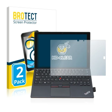 Front side of a product packaging with the brand logo BROTECT. Next to it is the device Lenovo ThinkPad X1 Tablet Gen 2 shown 