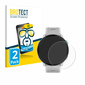 Front side of a product packaging with the brand logo BROTECT. Next to it is the device Garmin Forerunner 55 shown with the co