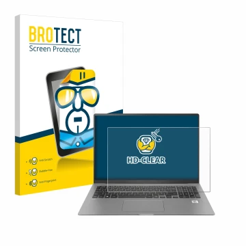 Front side of a product packaging with the brand logo BROTECT. Next to it is the device LG gram 17'' 2021 shown with the corre